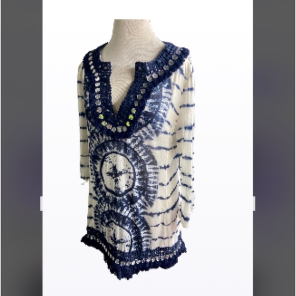 Tory Burch Blue & White Tunic Cover Up Size 8 - Picture 3 of 11
